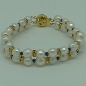 White Twin Pearls With Black Crystal And CZ Chakri 2 Layers Bracelet JBG00159