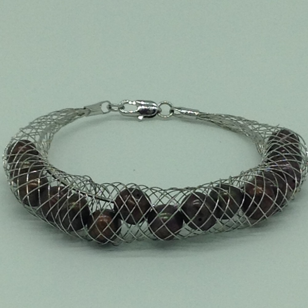 Brown Round Pearls Wire Mesh Bracelet JBG0156