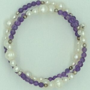 White Potato Pearls And Amethyst With White Jaco Balls Spiral Bracelet JBG0149