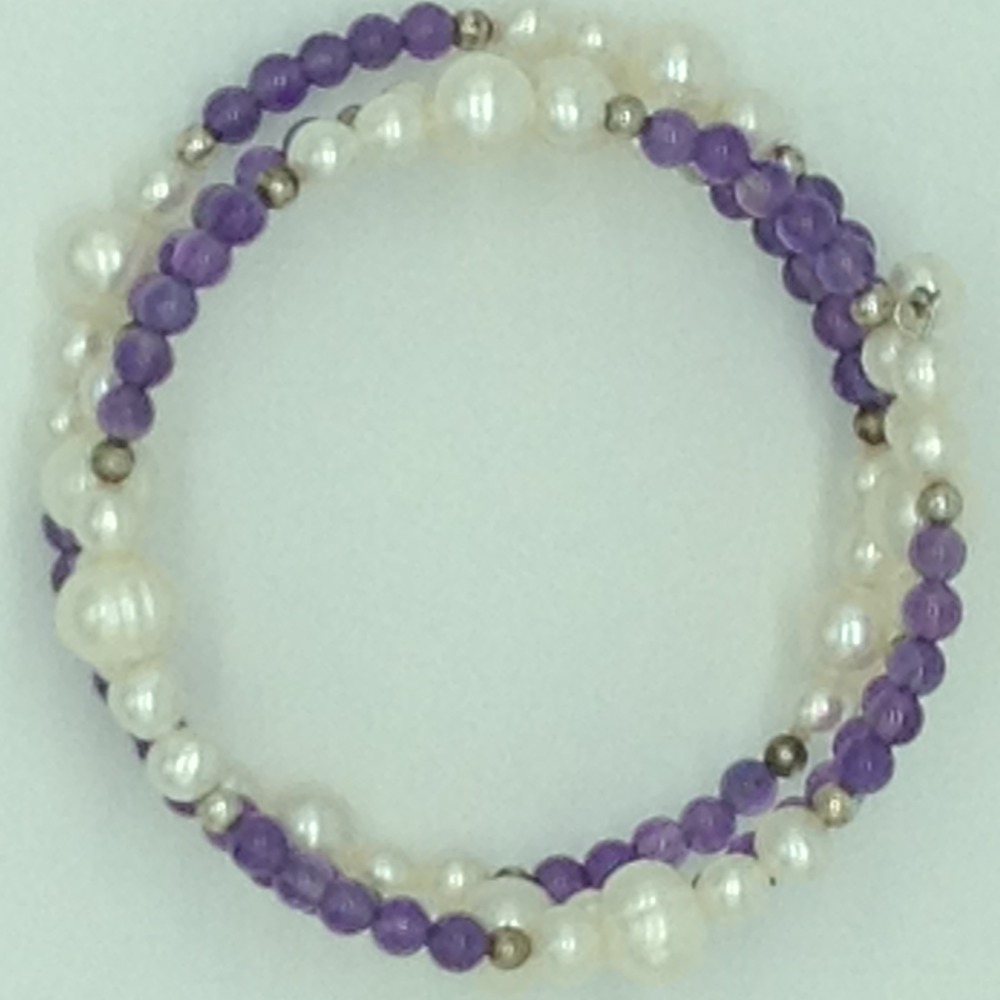White Potato Pearls And Amethyst With White Jaco Balls Spiral Bracelet JBG0149