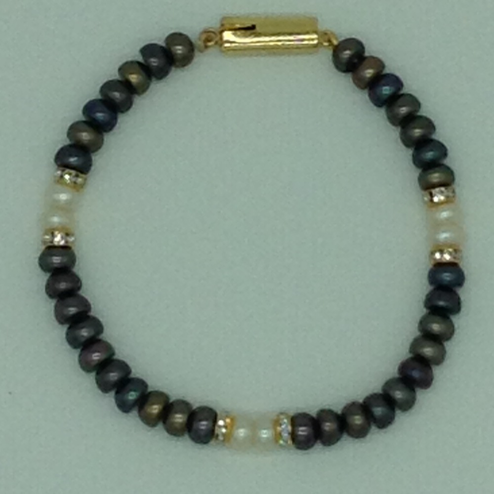 White And Brown Flat Pearls With CZ Chakri 1 Layers Bracelet JBG0113