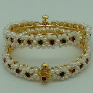 Pearls and red, green cz stones flower bangles jbg0087