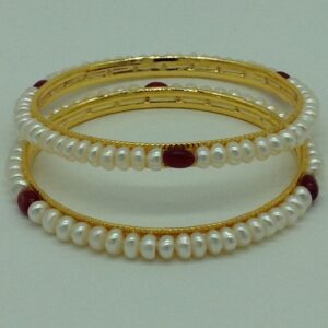 White Flat Pearls And Red Semi Bangles JBG0086