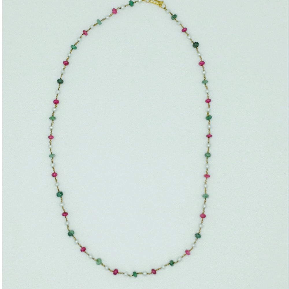 White Round Pearls With Ruby And Emeralds Gold Taar Mala JGT0013