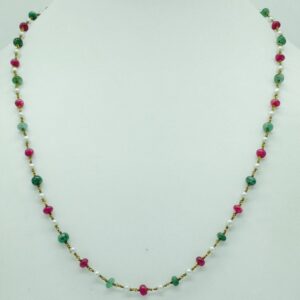 White Round Pearls With Ruby And Emeralds Gold Taar Mala JGT0013