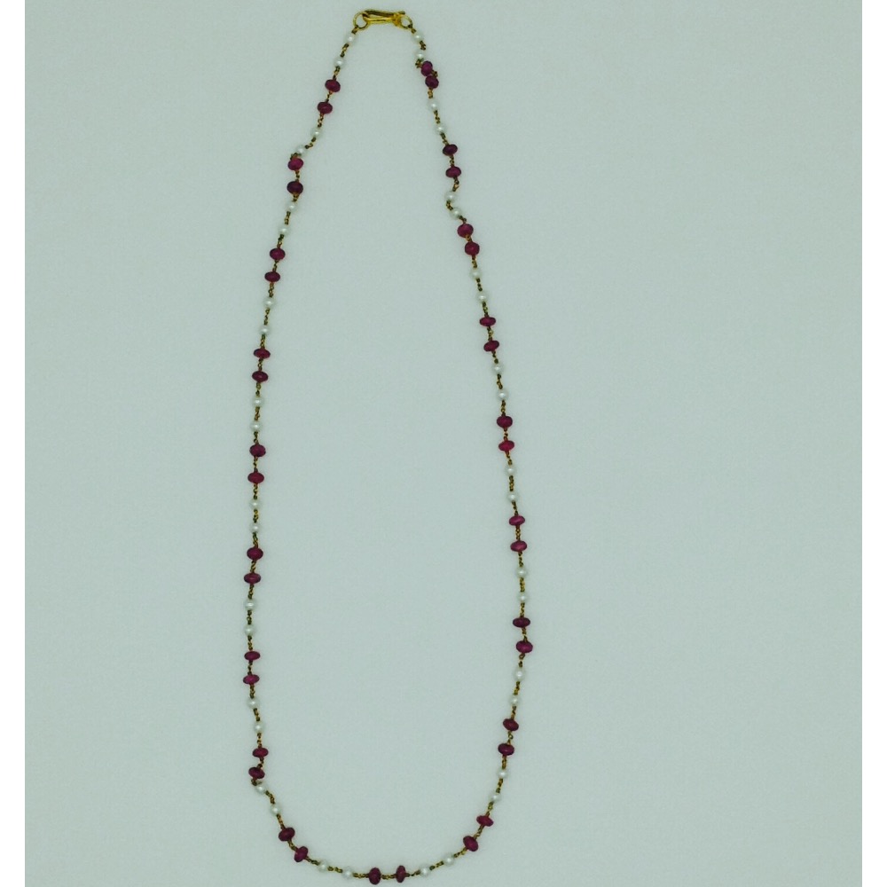 White Freshwater Round Pearls With Ruby Gold Taar Mala JGT0012