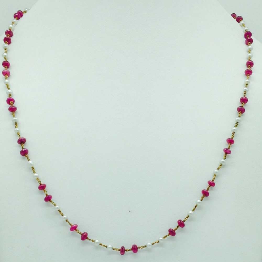 White Freshwater Round Pearls With Ruby Gold Taar Mala JGT0012