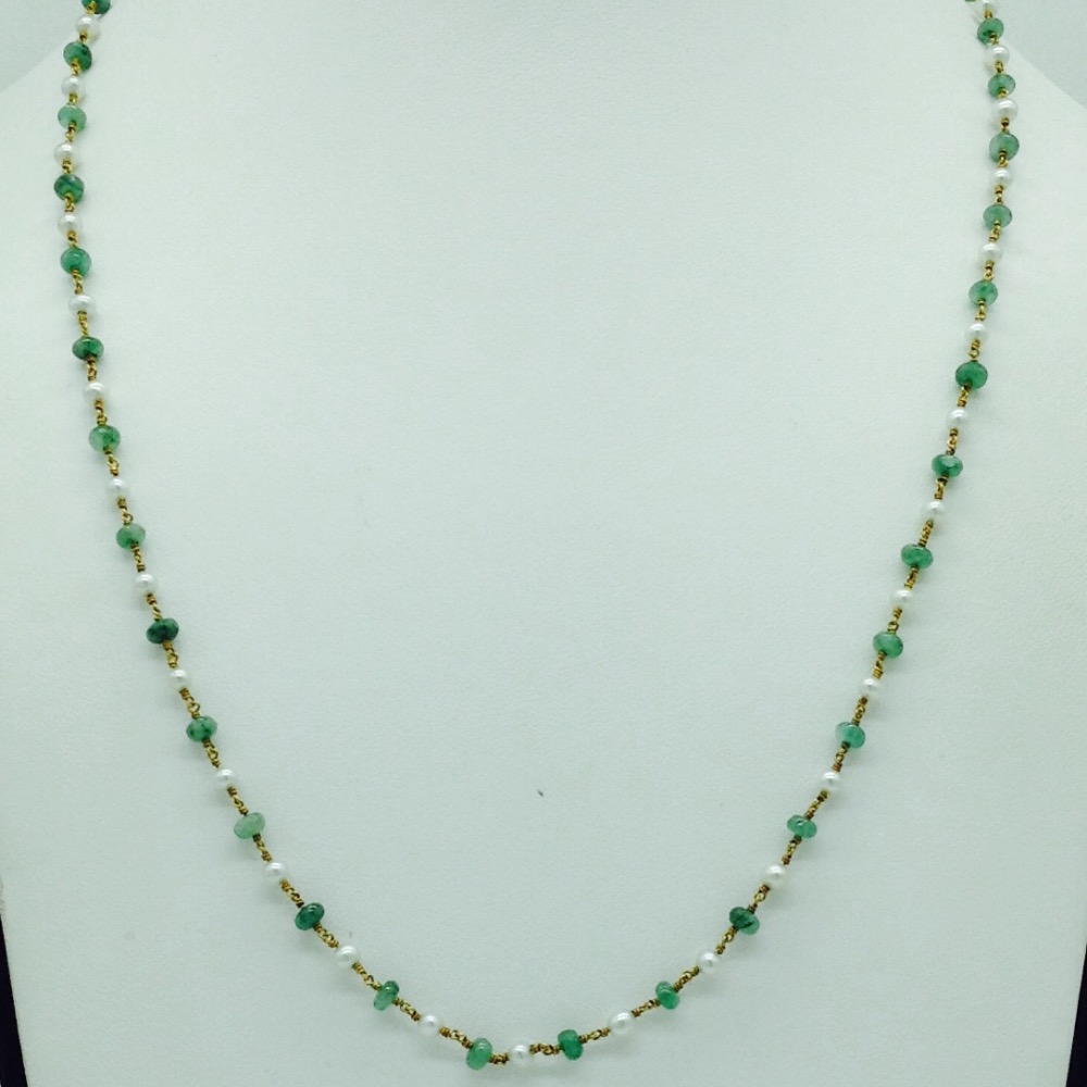 White Freshwater Round Pearls With Emeralds Gold Taar Mala JGT0011