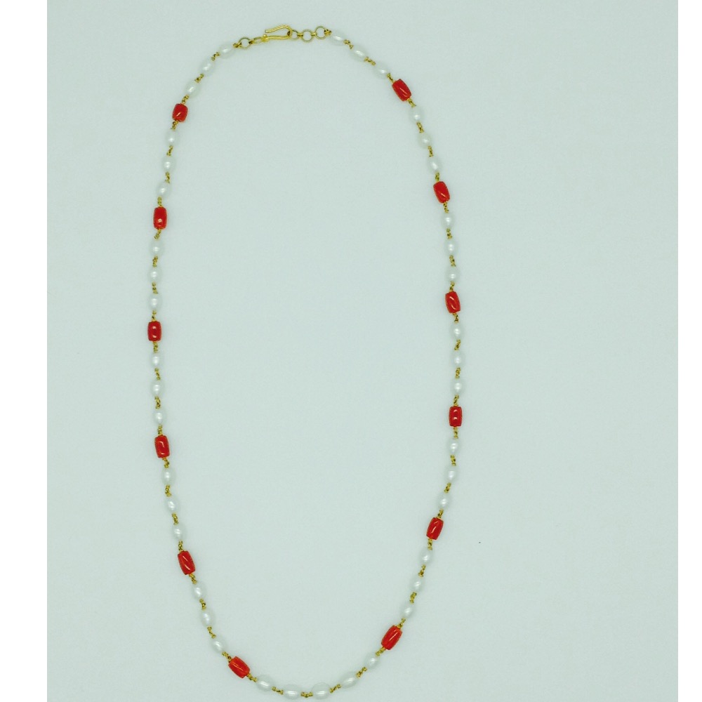 White Oval Pearls With Corals Dholki Gold Taar Necklace JGT0010