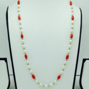 White Oval Pearls With Corals Dholki Gold Taar Necklace JGT0010