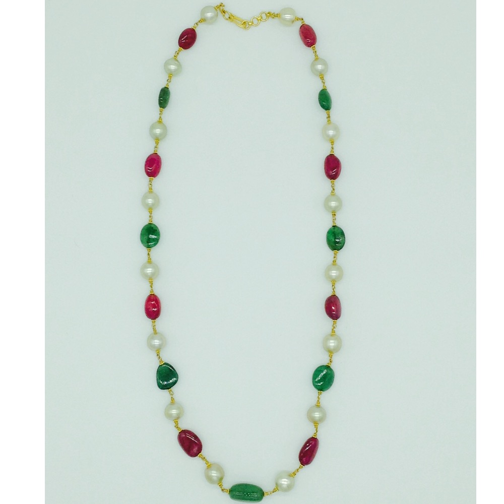 South Sea Pearls With Ruby,Emerald Tumbles Gold Taar Necklace JGT0006