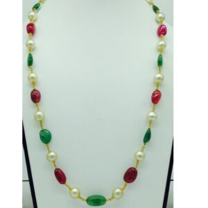 South Sea Pearls With Ruby,Emerald Tumbles Gold Taar Necklace JGT0006