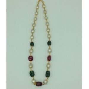 South Sea Pearls With Ruby Emerald Tumbles Gold Taar Necklace JGT0004
