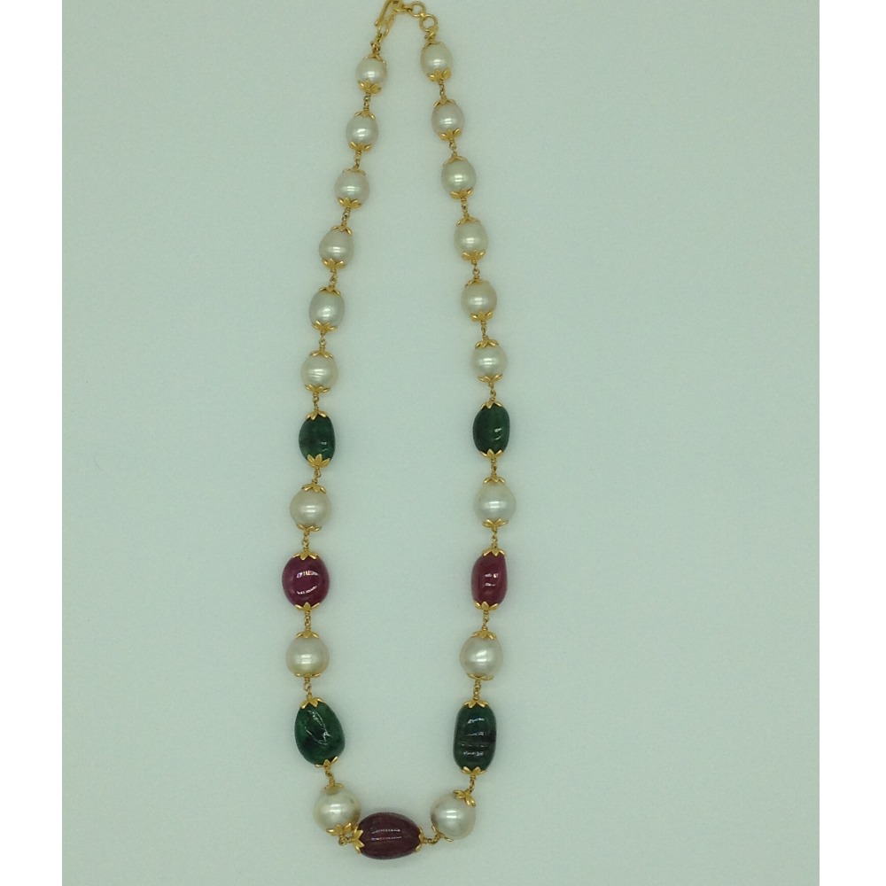 South Sea Pearls With Ruby Emerald Tumbles Gold Taar Necklace JGT0004