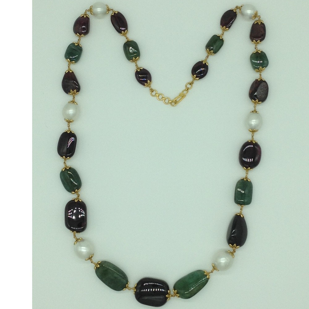 South Sea Pearls Emerald Tormaline Tumbles Gold Taar Necklace JGT0002