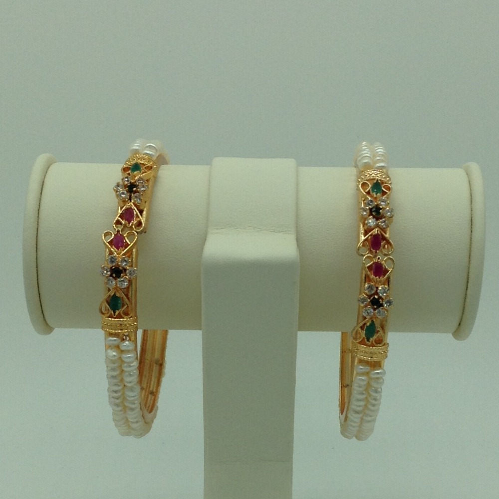 Pearls and Tri Colour CZ Stones 2 Layers Bangles JBG0084