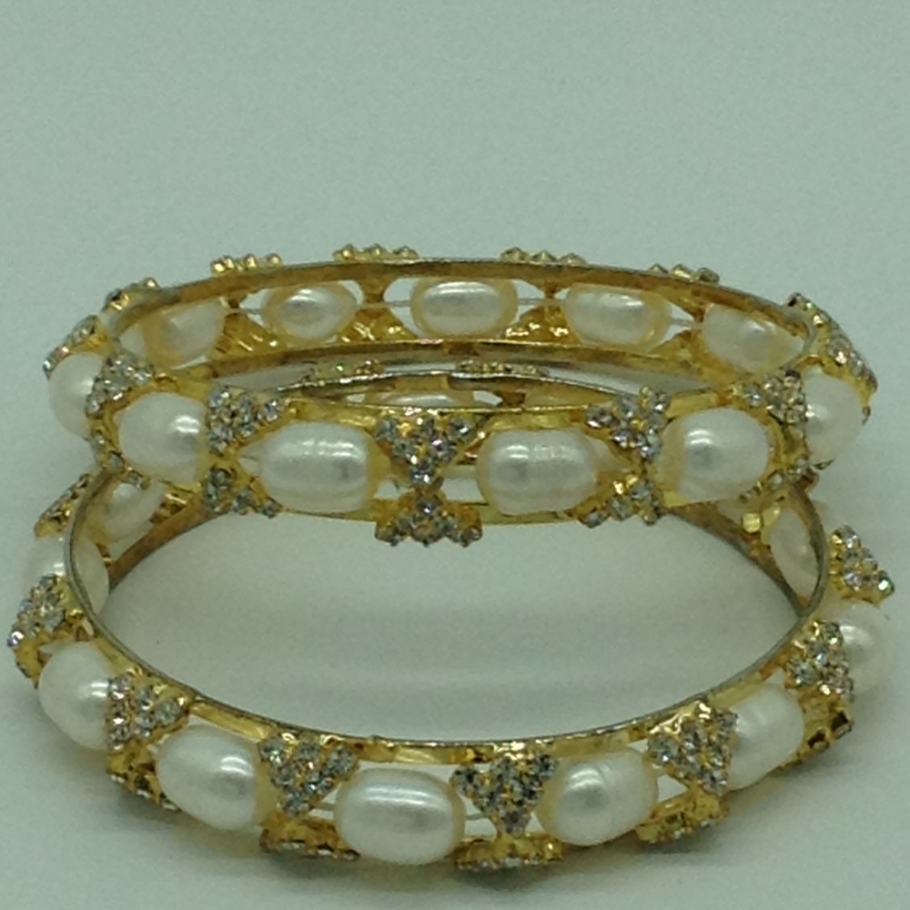 White Oval Pearls And CZ Bangles JBG0079