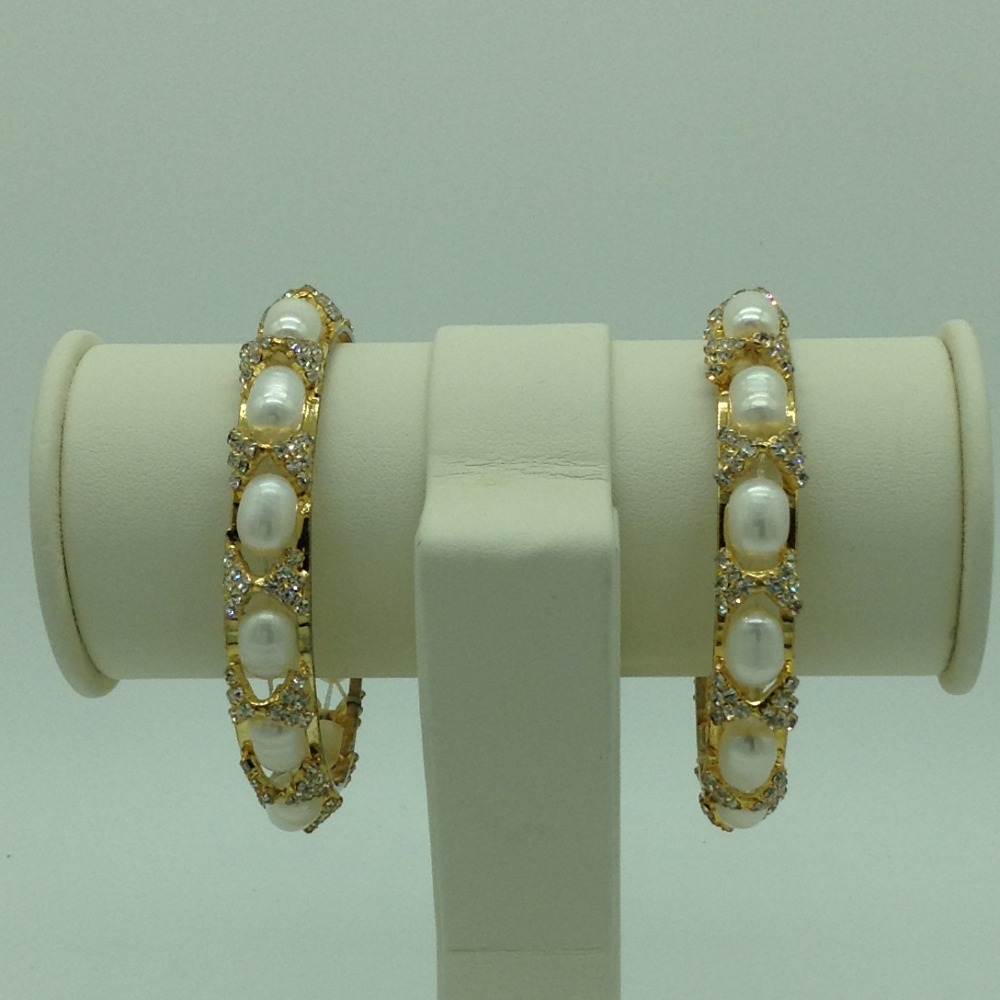 White Oval Pearls And CZ Bangles JBG0079
