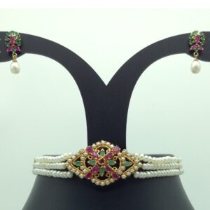 Pearls, Ruby And Emeralds Choker Set With 3 Line Flat Pearls Mala JPS0551