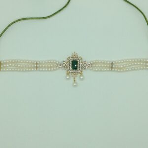 White, Green CZ Choker Set with 3 Line Flat Pearls Mala JPS0550