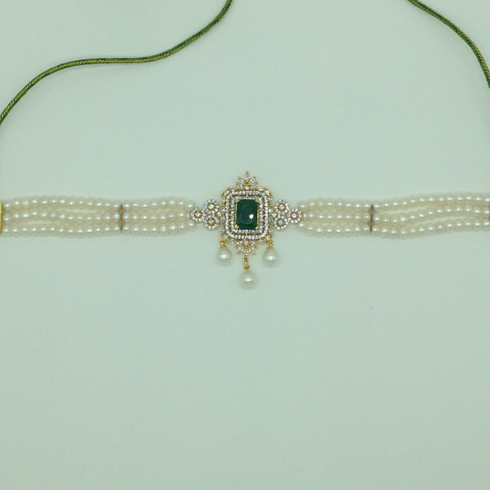 White, Green CZ Choker Set with 3 Line Flat Pearls Mala JPS0550