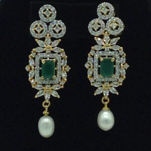 White, Green CZ Choker Set with 3 Line Flat Pearls Mala JPS0550