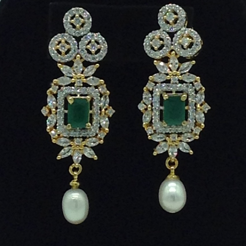White, Green CZ Choker Set with 3 Line Flat Pearls Mala JPS0550