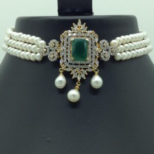 White, Green CZ Choker Set with 3 Line Flat Pearls Mala JPS0550
