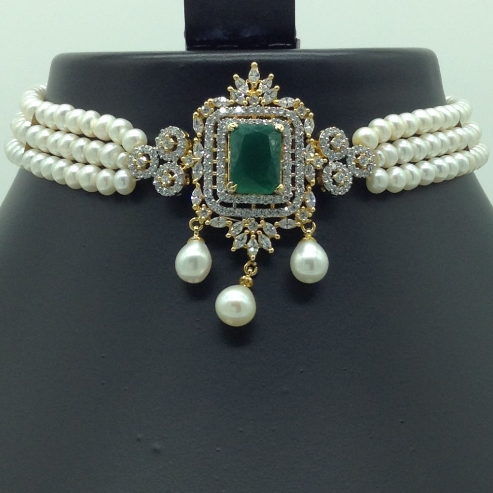 White, Green CZ Choker Set with 3 Line Flat Pearls Mala JPS0550