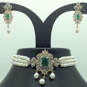 White, Green CZ Choker Set with 3 Line Flat Pearls Mala JPS0550