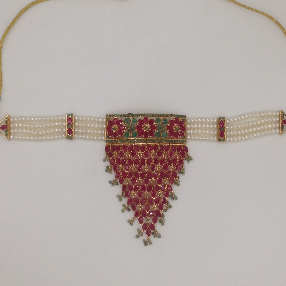 Ruby And Emeralds Jhalar Choker Set With 4 Line Flat Pearls Mala JPS0548 - Image 4