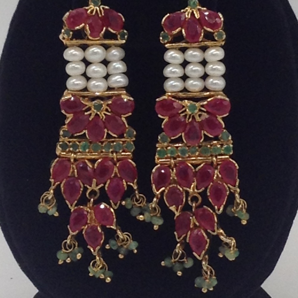 Ruby And Emeralds Jhalar Choker Set With 4 Line Flat Pearls Mala JPS0548 - Image 3