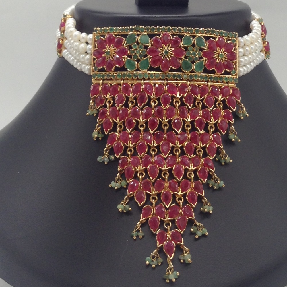 Ruby And Emeralds Jhalar Choker Set With 4 Line Flat Pearls Mala JPS0548 - Image 2
