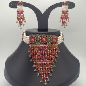Ruby And Emeralds Jhalar Choker Set With 4 Line Flat Pearls Mala JPS0548