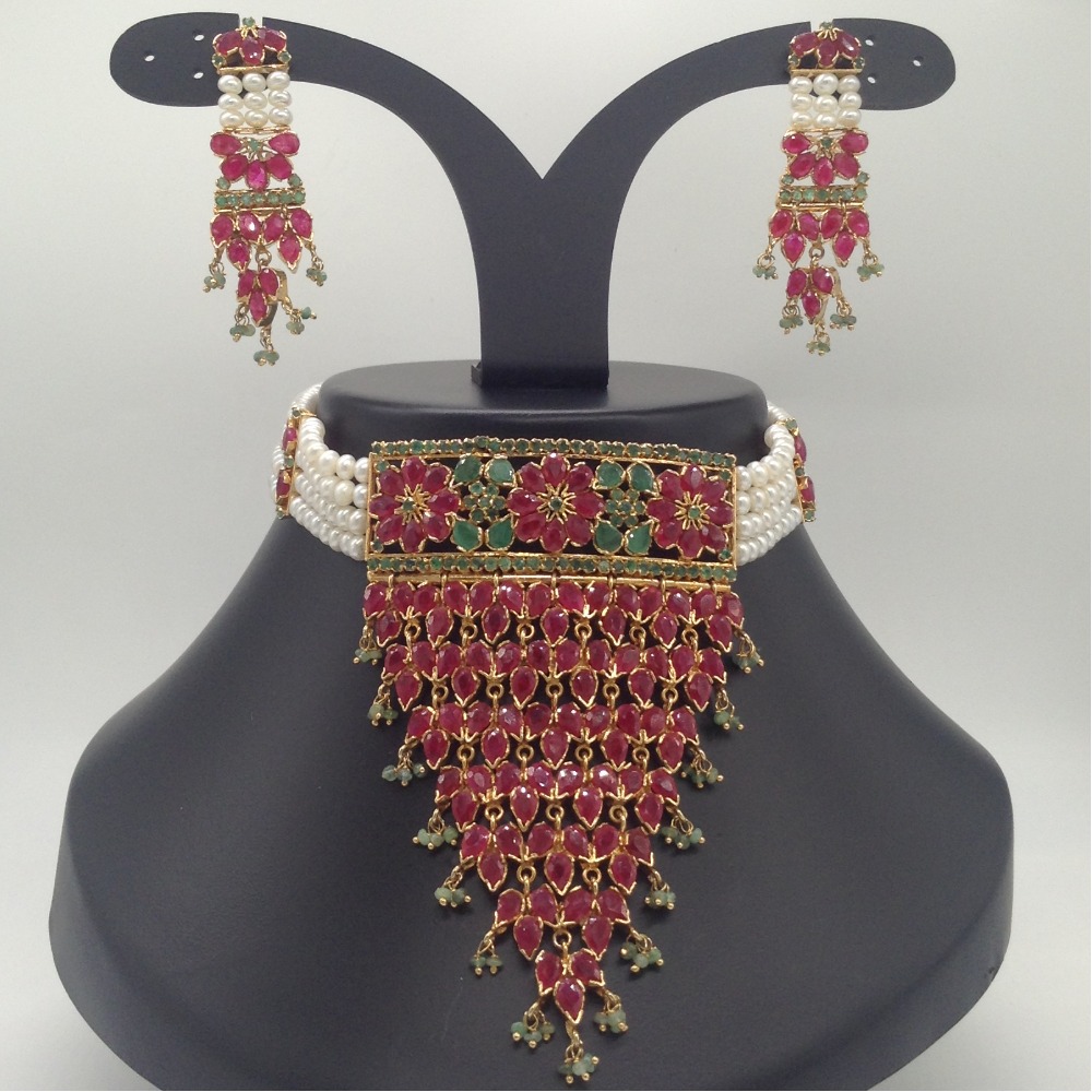 Ruby And Emeralds Jhalar Choker Set With 4 Line Flat Pearls Mala JPS0548