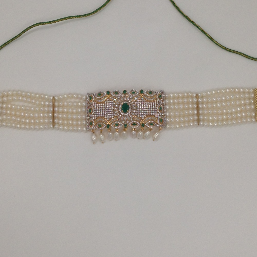 Green, White CZ And Pearls Choker Set With 6 Line Flat Pearls Mala JPS0547 - Image 4