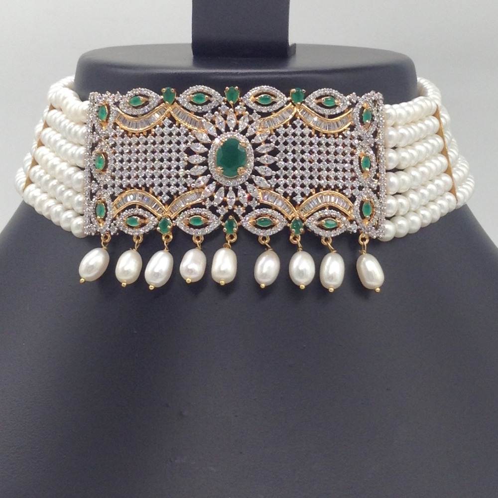 Green, White CZ And Pearls Choker Set With 6 Line Flat Pearls Mala JPS0547 - Image 2