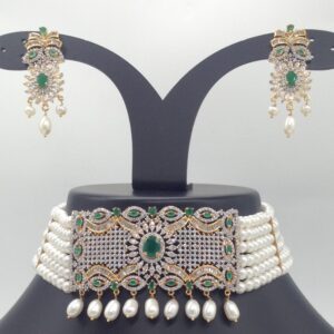 Green, White CZ And Pearls Choker Set With 6 Line Flat Pearls Mala JPS0547