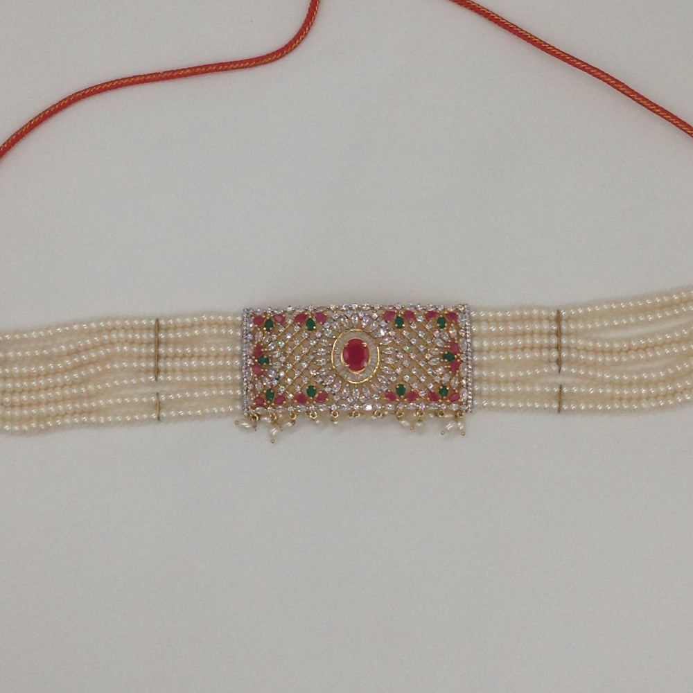 Tri Colour CZ And Pearls Choker Set With 7 Line Flat Pearls Mala JPS0546 - Image 4