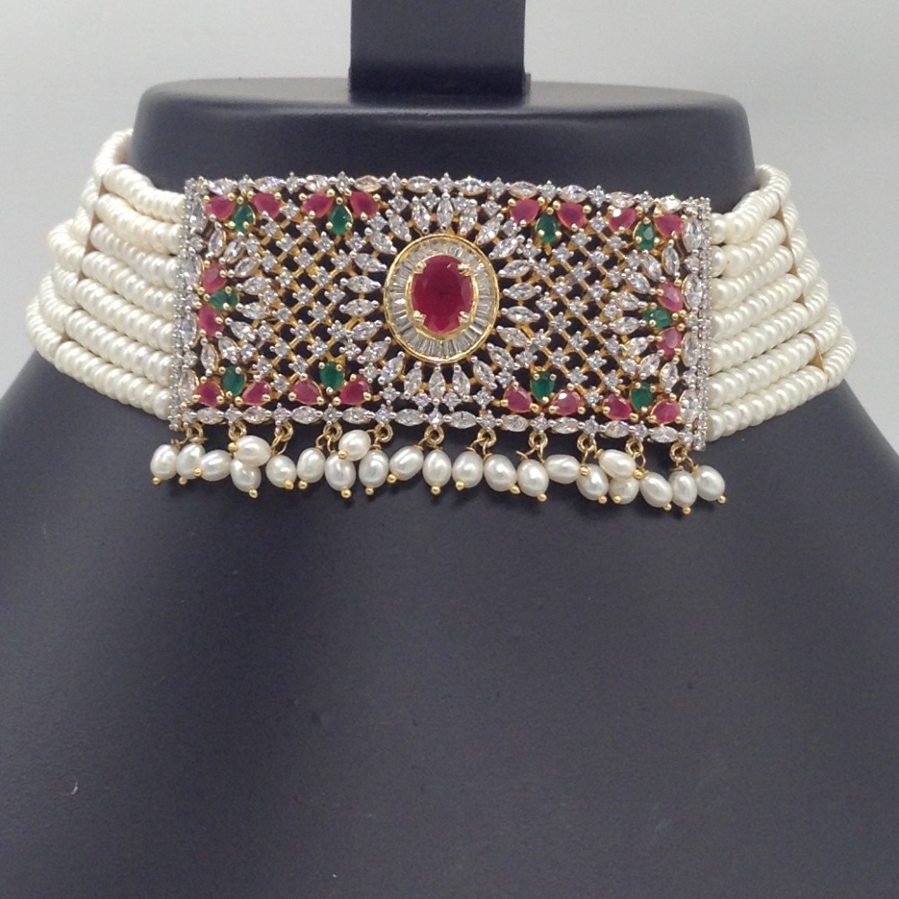 Tri Colour CZ And Pearls Choker Set With 7 Line Flat Pearls Mala JPS0546 - Image 2