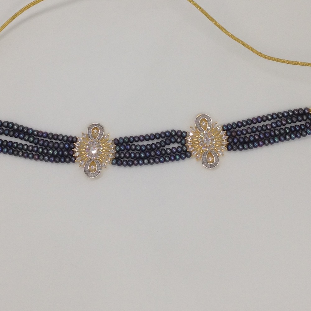 White CZ Choker Set With 4 Line Black Flat Pearls Mala JPS0540 - Image 4