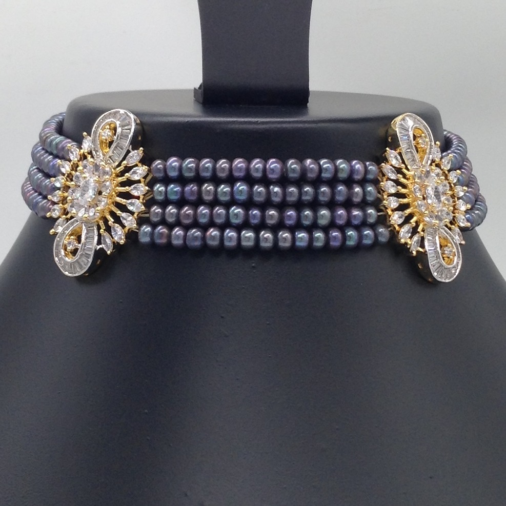 White CZ Choker Set With 4 Line Black Flat Pearls Mala JPS0540 - Image 2