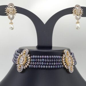 White CZ Choker Set With 4 Line Black Flat Pearls Mala JPS0540
