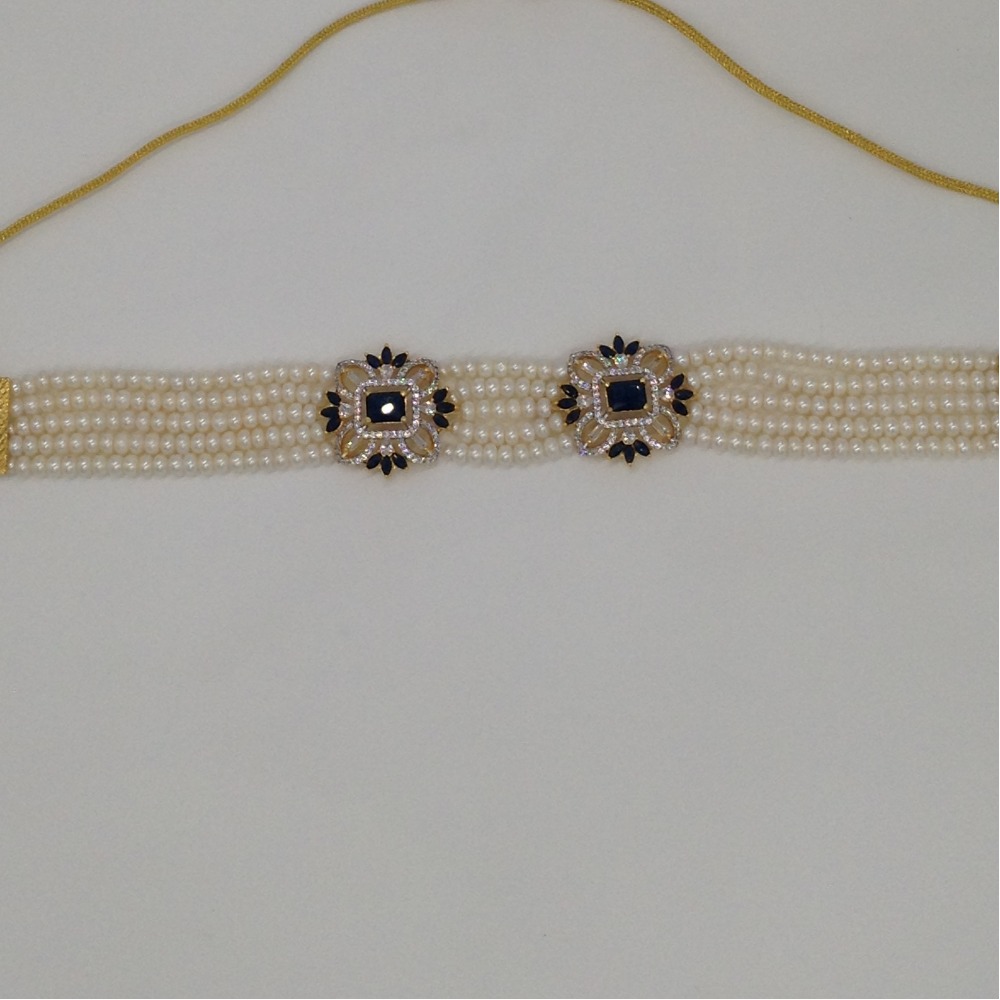 White And Blue CZ Choker Set With 5 Line Flat Pearls Mala JPS0539 - Image 4