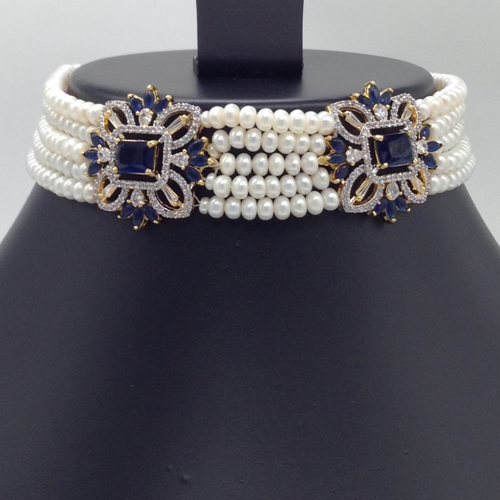 White And Blue CZ Choker Set With 5 Line Flat Pearls Mala JPS0539 - Image 2