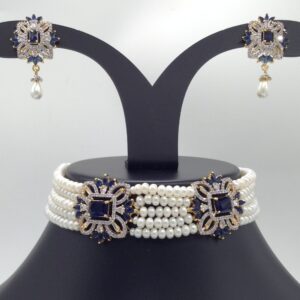 White And Blue CZ Choker Set With 5 Line Flat Pearls Mala JPS0539