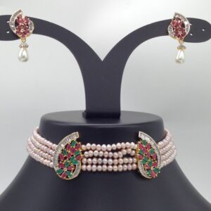 Tri Colour CZ Choker Set With 4 Line Pink Flat Pearls Mala JPS0538