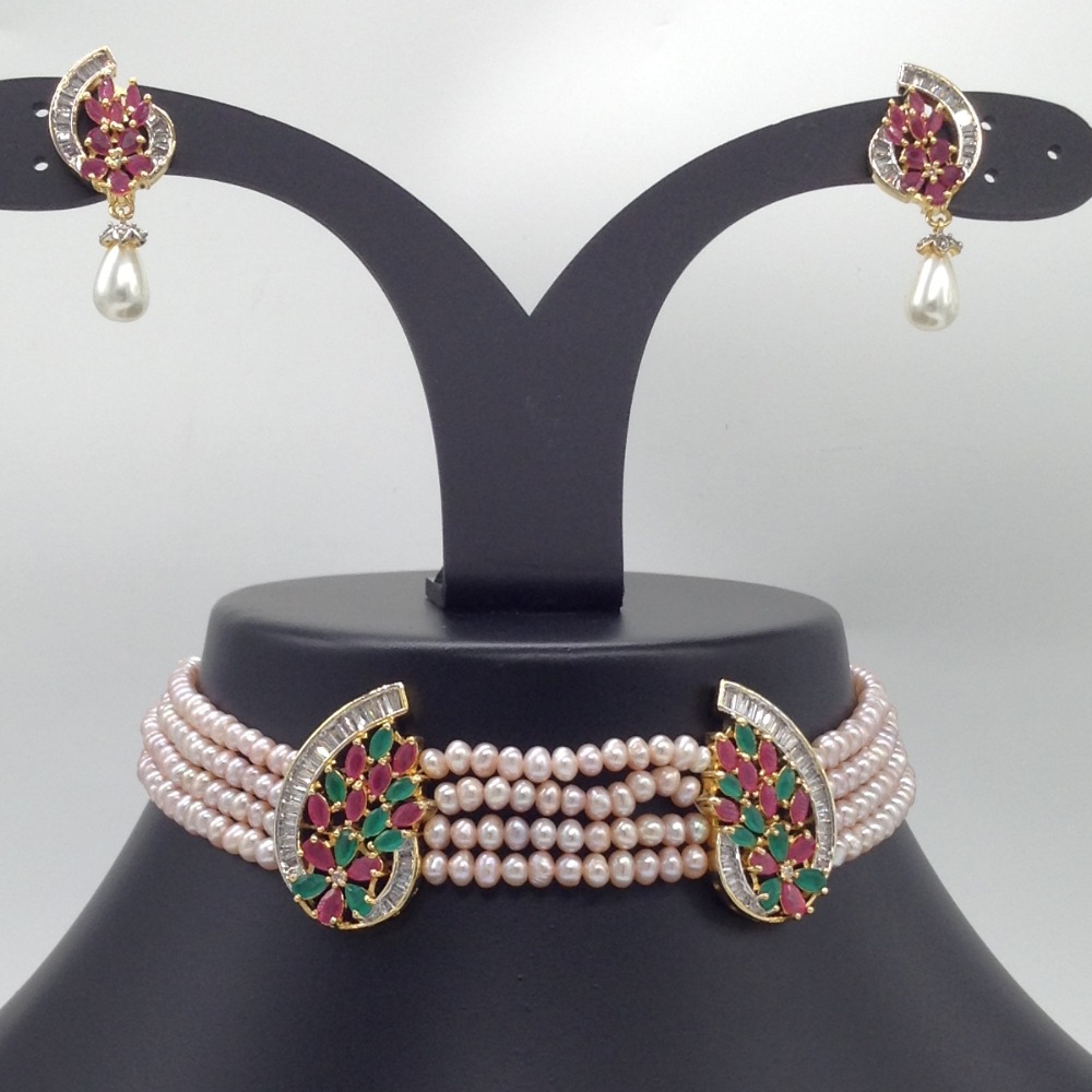 Tri Colour CZ Choker Set With 4 Line Pink Flat Pearls Mala JPS0538