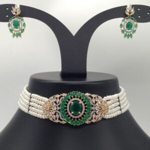White And Green CZ Choker Set With 5 Line Flat Pearls Mala JPS0537