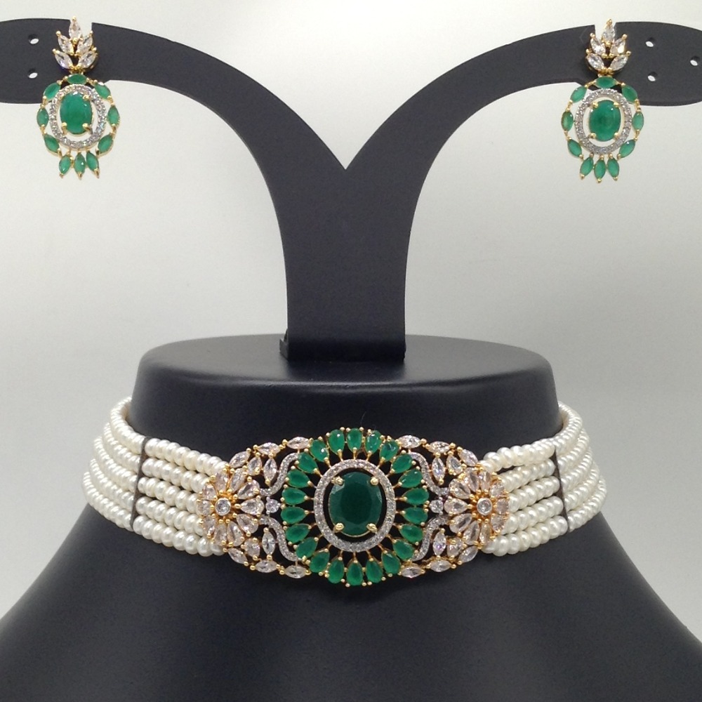 White And Green CZ Choker Set With 5 Line Flat Pearls Mala JPS0537